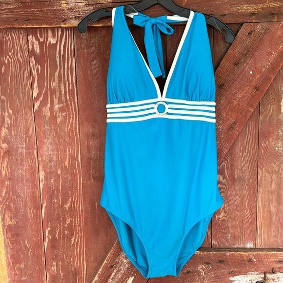 Anne Cole Other - Anne Cole turquoise white trim silver logo ring accent one-piece swimsuit. NWT.